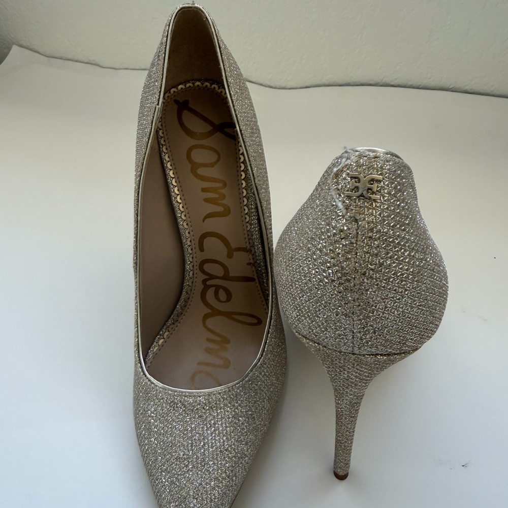 Sam Edelman Glitter Pointed Toe Pumps in Champagne - Picture 3 of 11